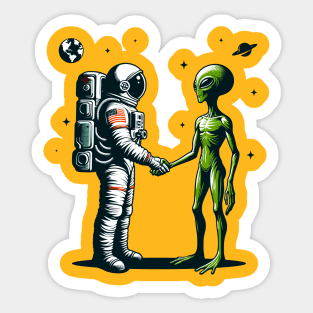 Astronaut and alien shaking hands Sticker